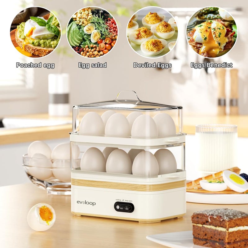 evoloop Rapid Egg Cooker Electric 12 Eggs Capacity, Soft, Medium, Hard Boiled, Poached, Omelet Maker Egg Poacher & Vegetable Steamer, BPA Free Tray（white） - Image 5